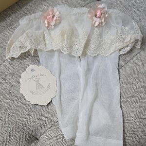 Dollcake Ivory Lace Footless Socks with Pink Floral Accents, Size Large